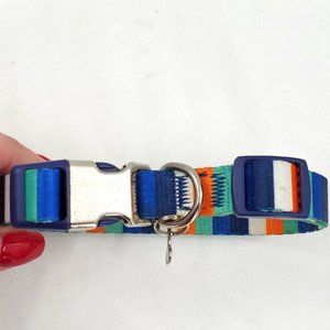 Adjustable multicolor striped dog collar with silver tone bone accent